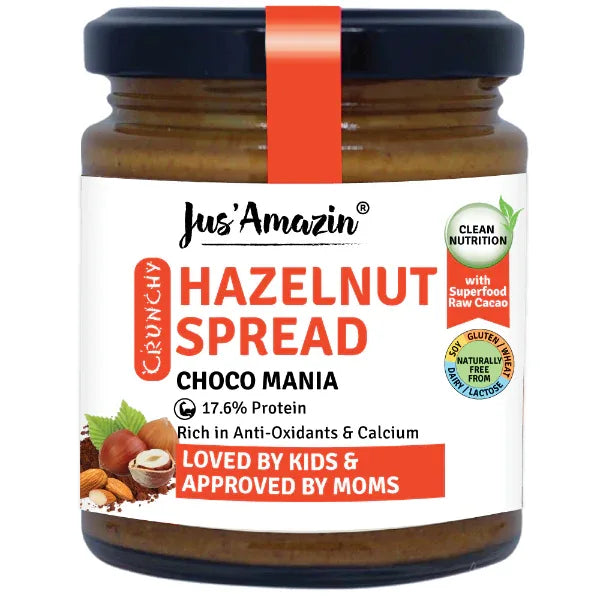 Jus Amazin Chrunchy Hazelnut Spread – Choco Mania (200g) | 17.6% Protein - Orgoshops