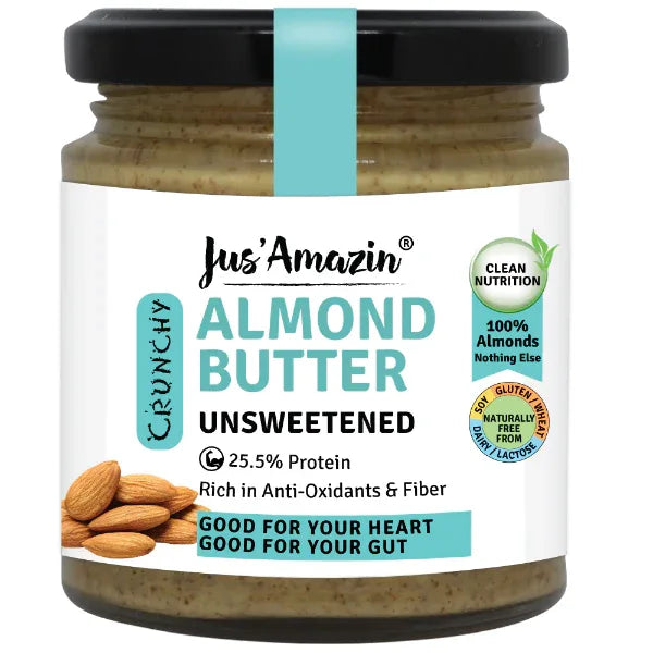 Jus Amazin CRUNCHY Almond Butter – Unsweetened (200g) | 25.5% Protein - Orgoshops