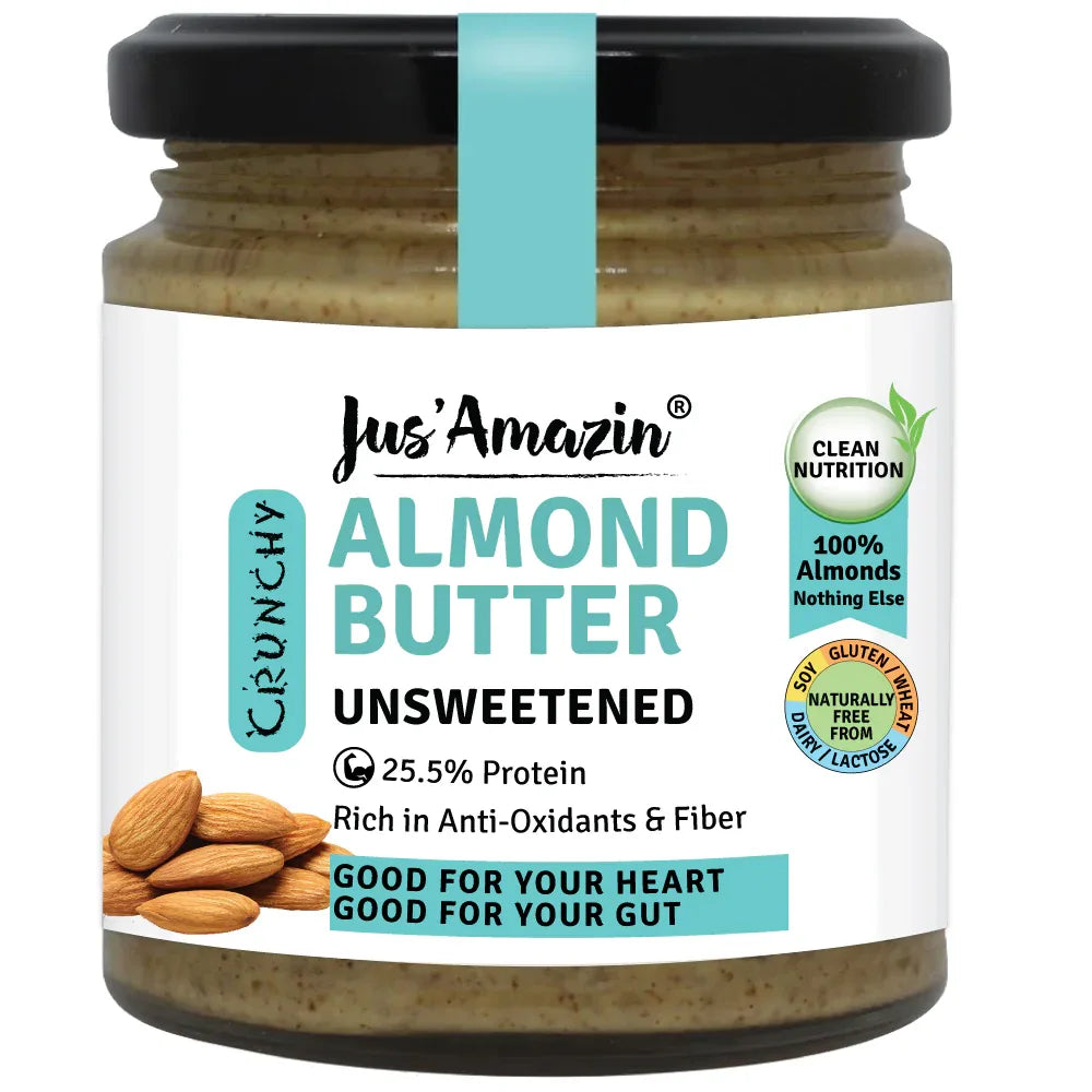 Jus Amazin CRUNCHY Almond Butter – Unsweetened (200g) | 25.5% Protein - Orgoshops
