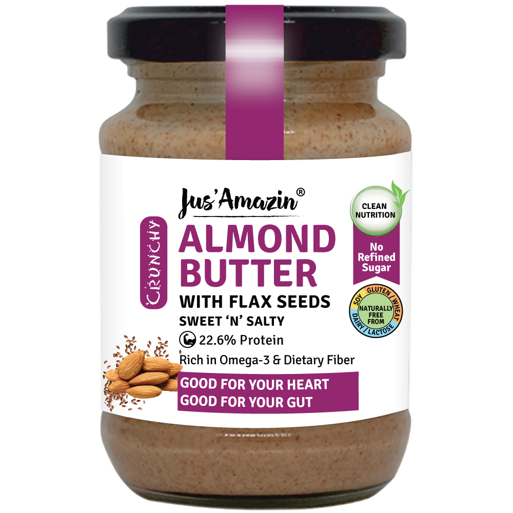 Jus Amazin Crunchy Almond Butter – With Flaxseeds (125g) | 22% Protein | 86% Almonds