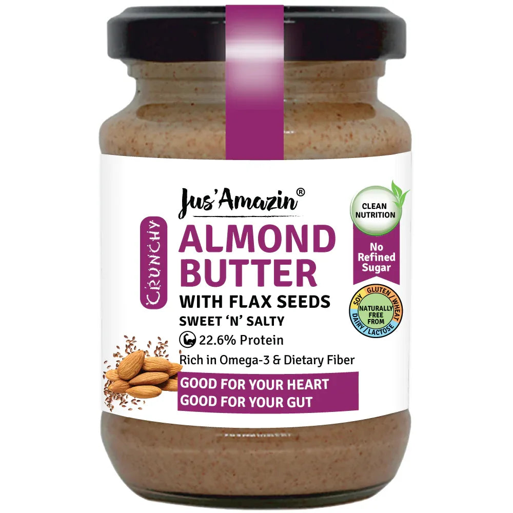 Jus Amazin Crunchy Almond Butter – With Flaxseeds (125g) | 22% Protein | 86% Almonds - Orgoshops