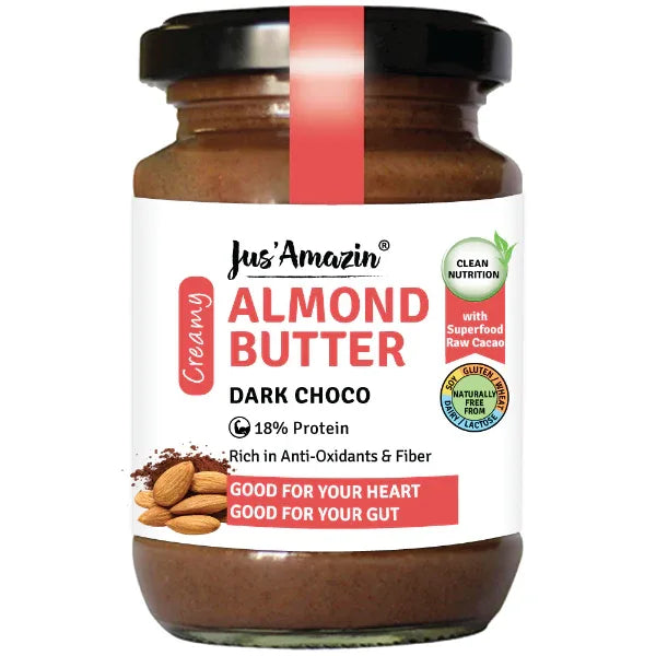 Jus Amazin Creamy Almond Butter – Dark Chocolate (125g) | 18% Protein - Orgoshops
