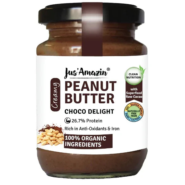 Jus Amazin Creamy Organic Peanut Butter – Choco Delight (200g) | 26.7% Protein - Orgoshops