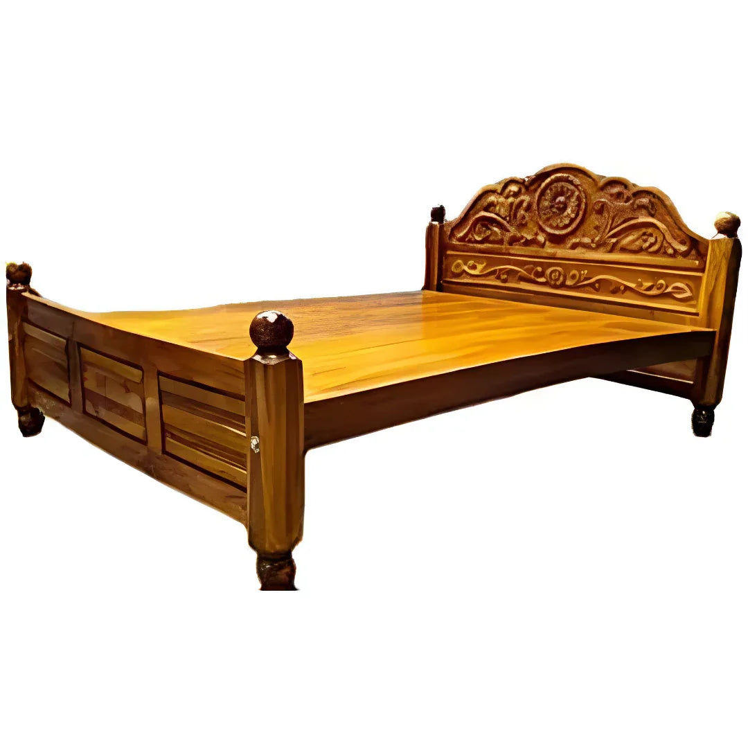 KPR Furniture Wooden Double Cot Bedsize Without Storage Teak Finish - 75 × 48 inches ( Brown ) - Orgoshops