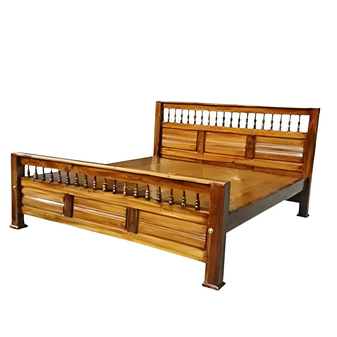 KPR Furniture Wooden Double Cot Bedsize Without Storage Teak Finish - 75 × 60 inches ( Brown ) - Orgoshops