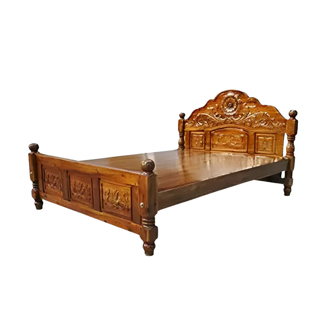 KPR Furniture Wooden Double Cot Bedsize Without Storage Teak Finish - 75 × 48 inches ( Brown ) - Orgoshops