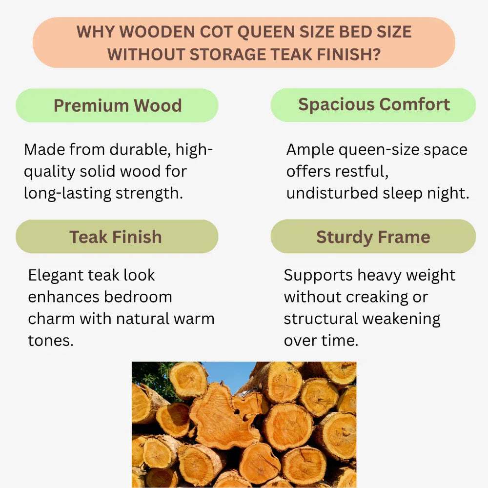 KPR Furniture Wooden Cot Queen Size Bed Size Without Storage Teak Finish - 75 × 60 Inches ( Brown ) - Orgoshops