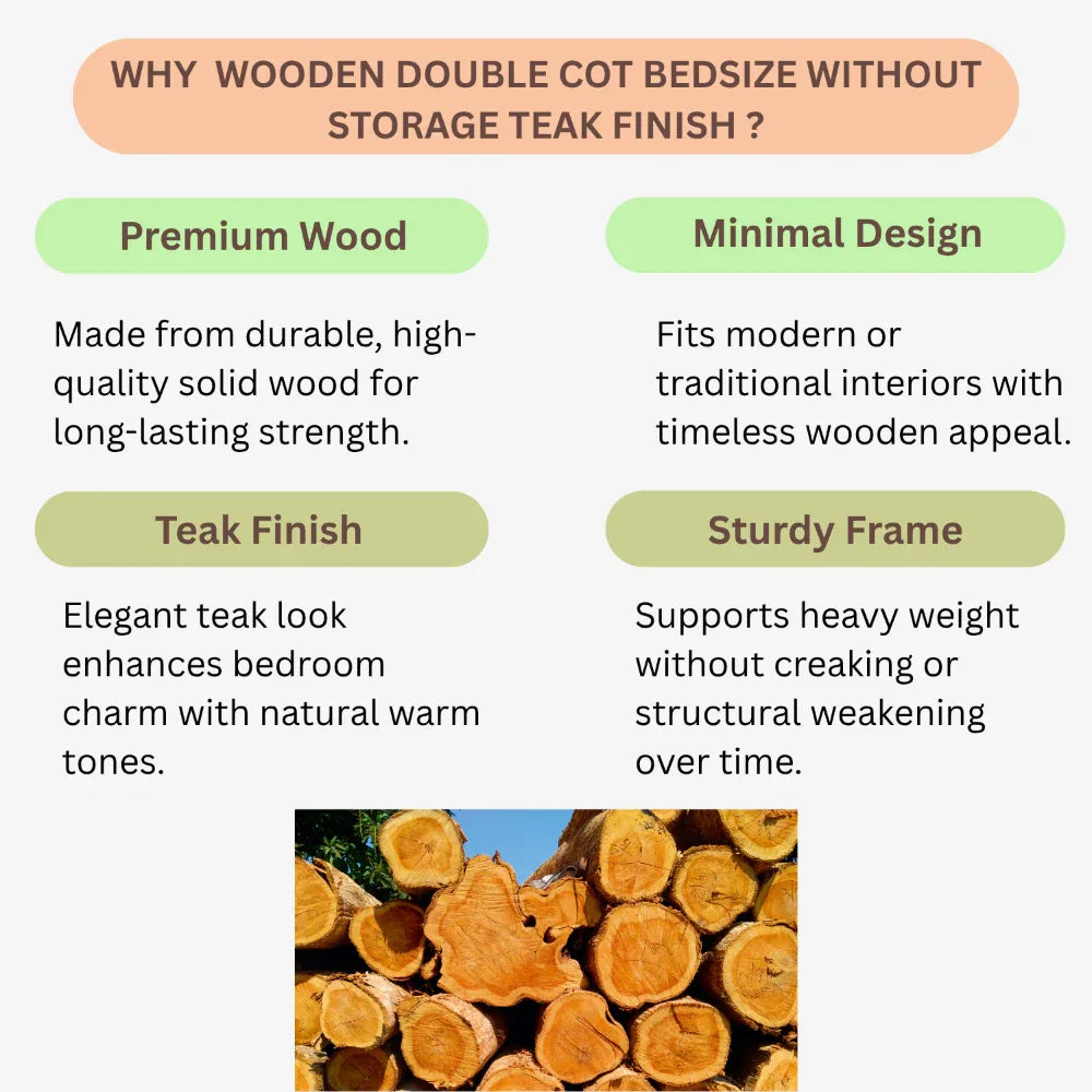 KPR Furniture Wooden Double Cot Bedsize Without Storage Teak Finish - 75 × 48 inches ( Brown ) - Orgoshops