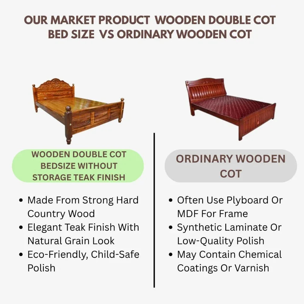 KPR Furniture Wooden Double Cot Bedsize Without Storage Teak Finish - 75 × 60 inches ( Brown ) - Orgoshops