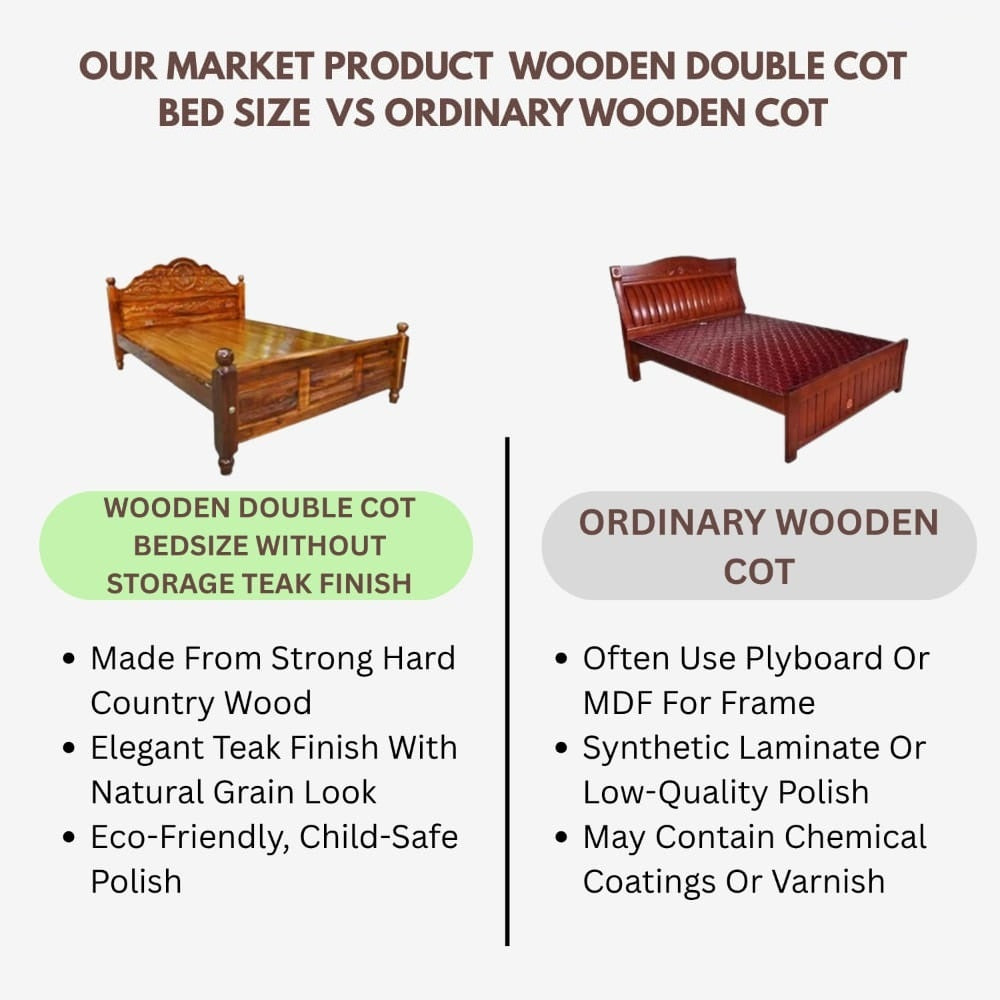 KPR Furniture Wooden Double Cot Bedsize Without Storage Teak Finish - 75 × 60 inches ( Brown )