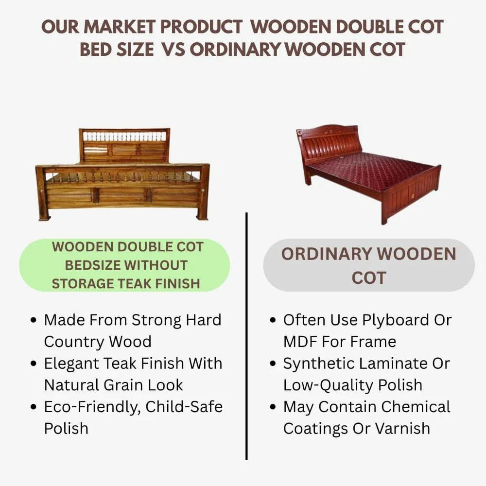 KPR Furniture Wooden Double Cot Bedsize Without Storage Teak Finish - 75 × 60 inches ( Brown ) - Orgoshops