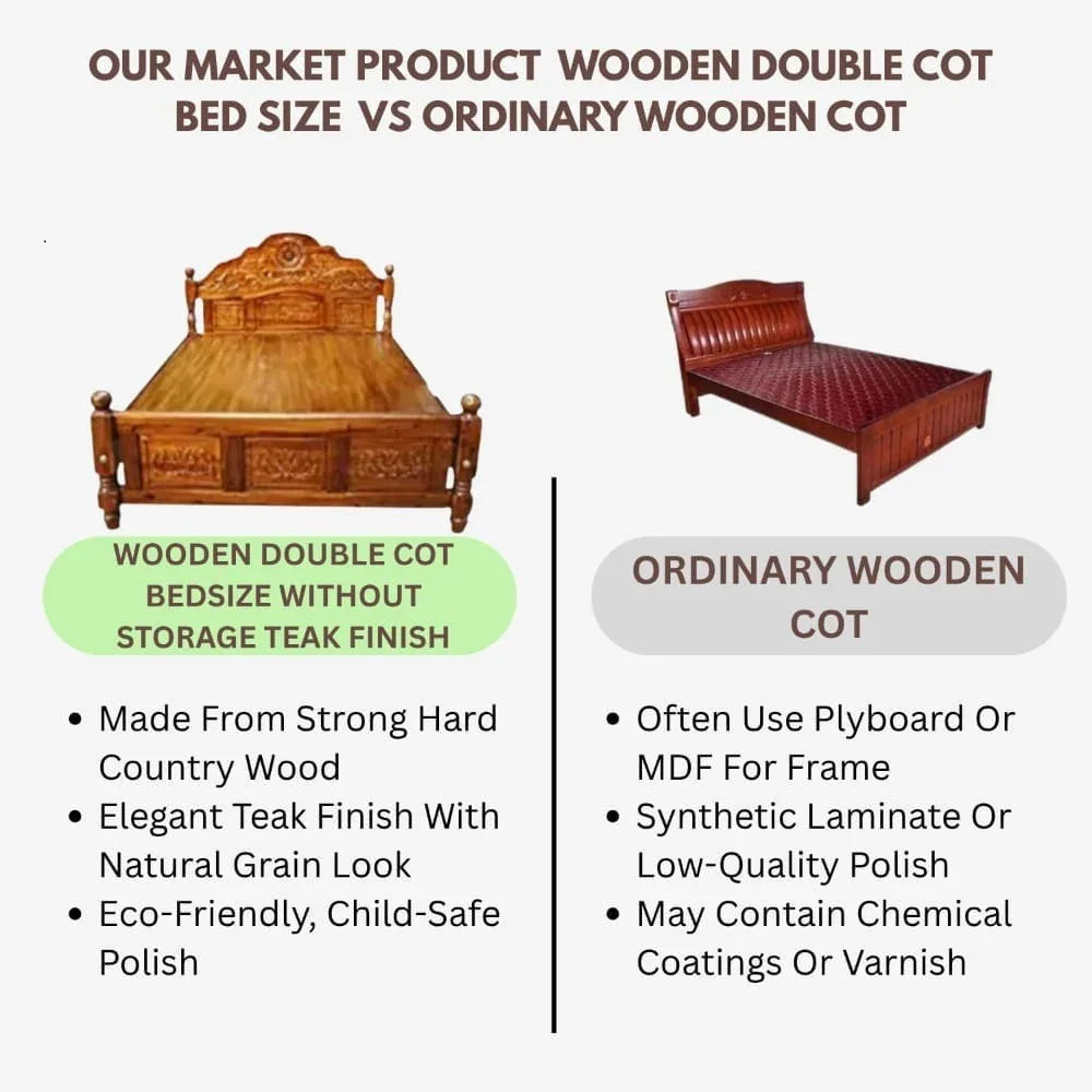 KPR Furniture Wooden Double Cot Bedsize Without Storage Teak Finish - 75 × 48 inches ( Brown ) - Orgoshops