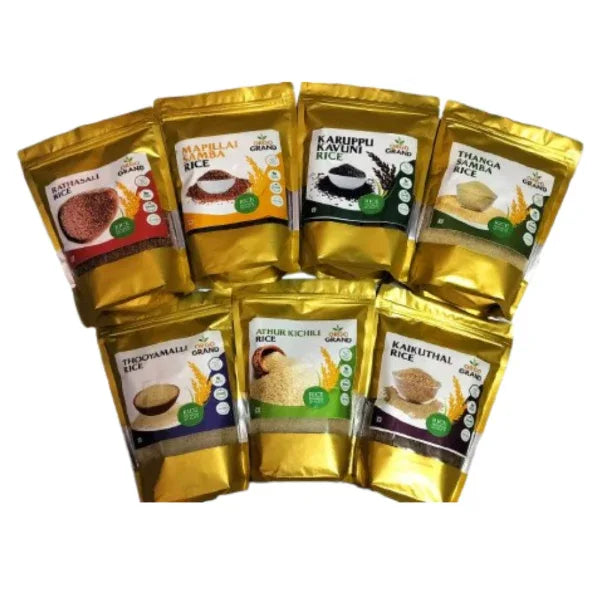 Combo Pack Rice for 7 days (Rathasali Rice,Thooyamalli Rice,Karuppu Kavuni Rice,Kaikuthal Rice,Athur Kichilli Samba Rice,Mappillai Samba Rice,Kerala Matta Rice) - Orgoshops