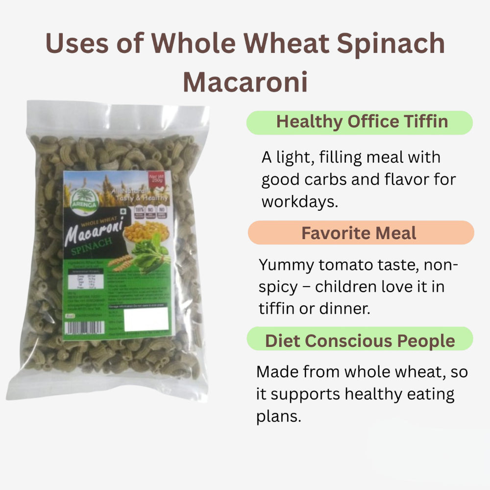 Arenga Whole Wheat Spinach Macaroni / Pasalai Keerai Macaroni / Chira Macaroni / Palakura Macaroni / Paalak Macaroni -250 g