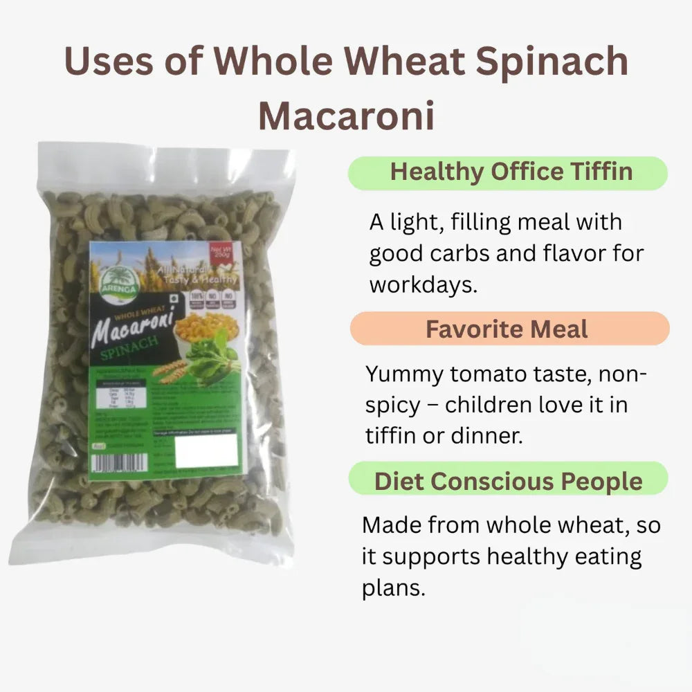 Arenga Whole Wheat Spinach Macaroni / Pasalai Keerai Macaroni / Chira Macaroni / Palakura Macaroni / Paalak Macaroni -250 g - Orgoshops
