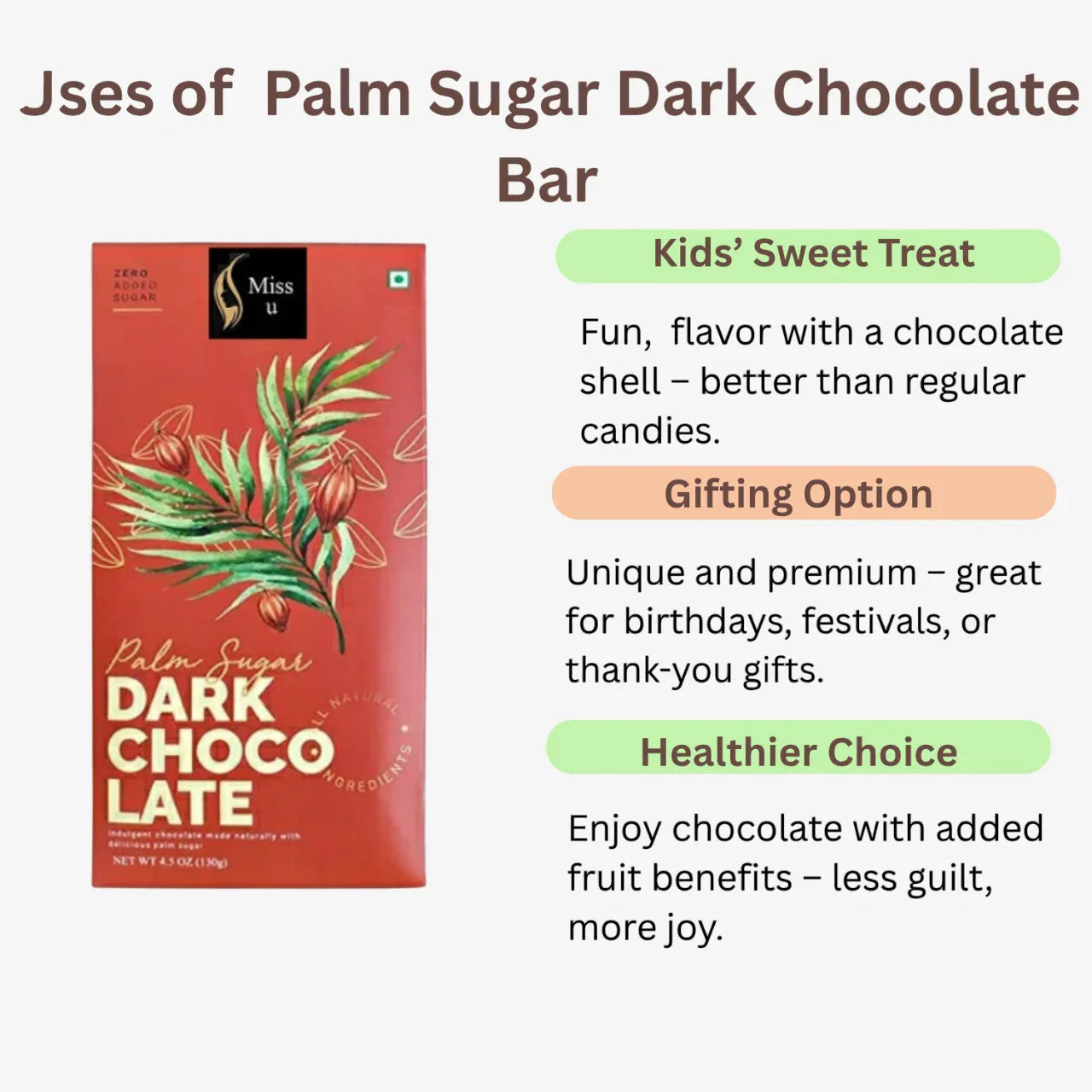 Amrutha Exports Miss U No Added Sugar Palm Sugar Dark Chocolate Bar - 130g - Orgoshops
