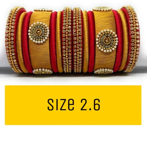 Handmade Silk Thread Bangle Set For Women - 2.6 (Gold And Red) - Orgoshops