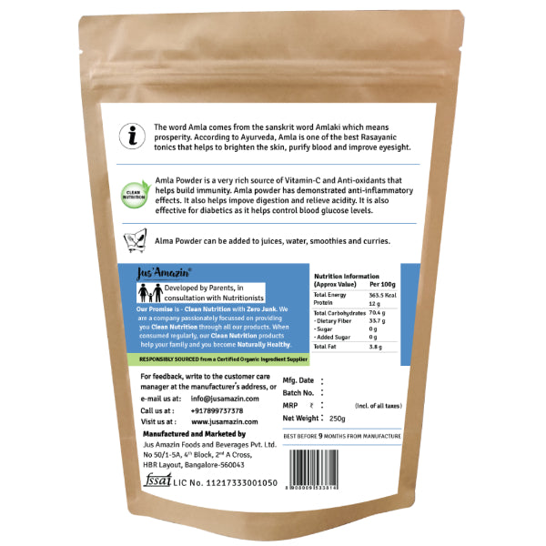 Jus Amazin Organic Amla Powder (250g) | Single Ingredients – 100% Organic Amla Powder