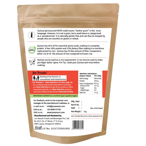 Jus Amazin Organic Quinoa (500g) | Single Ingredient – 100% Organic Quinoa - Orgoshops