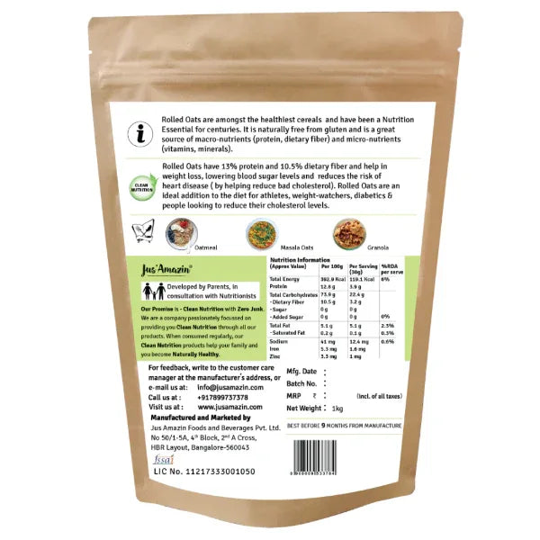 Jus Amazin Rolled Oats (500g) | Single Ingredient - 100% Natural Rolled Oats - Orgoshops