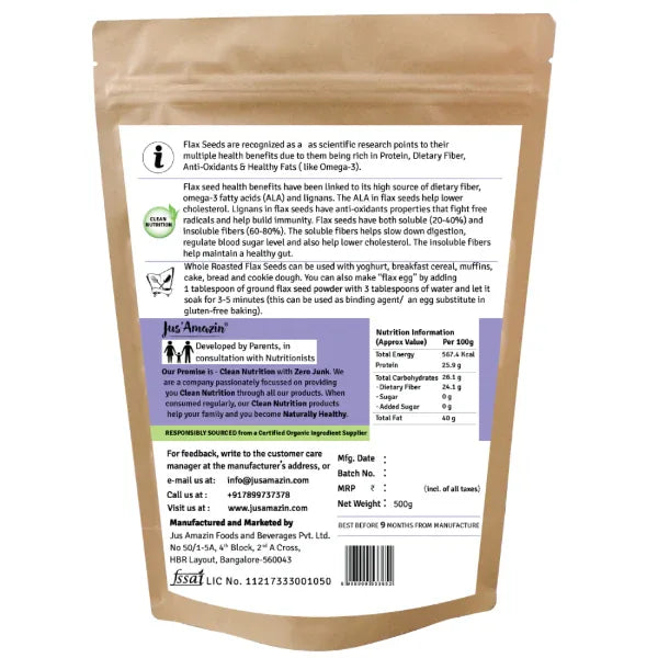 Jus Amazin Roasted 100% Organic Flax Seeds (250g) | Single Ingredient - Orgoshops