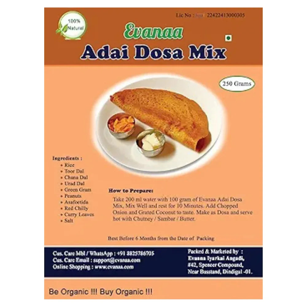 Evanaa Adai Dosa Mix | Ready To Cook Instant Powder | Ready in 10 min | Breakfast Mix,Authentic Recipe - 250 g - Orgoshops