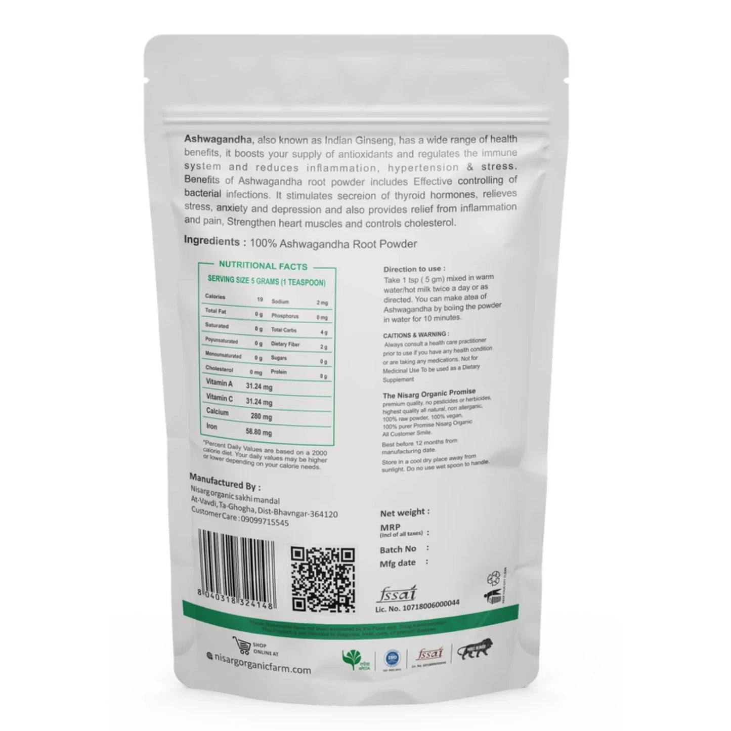 Nisarg Organic Farm Ashwagandha Root Powder - Orgoshops