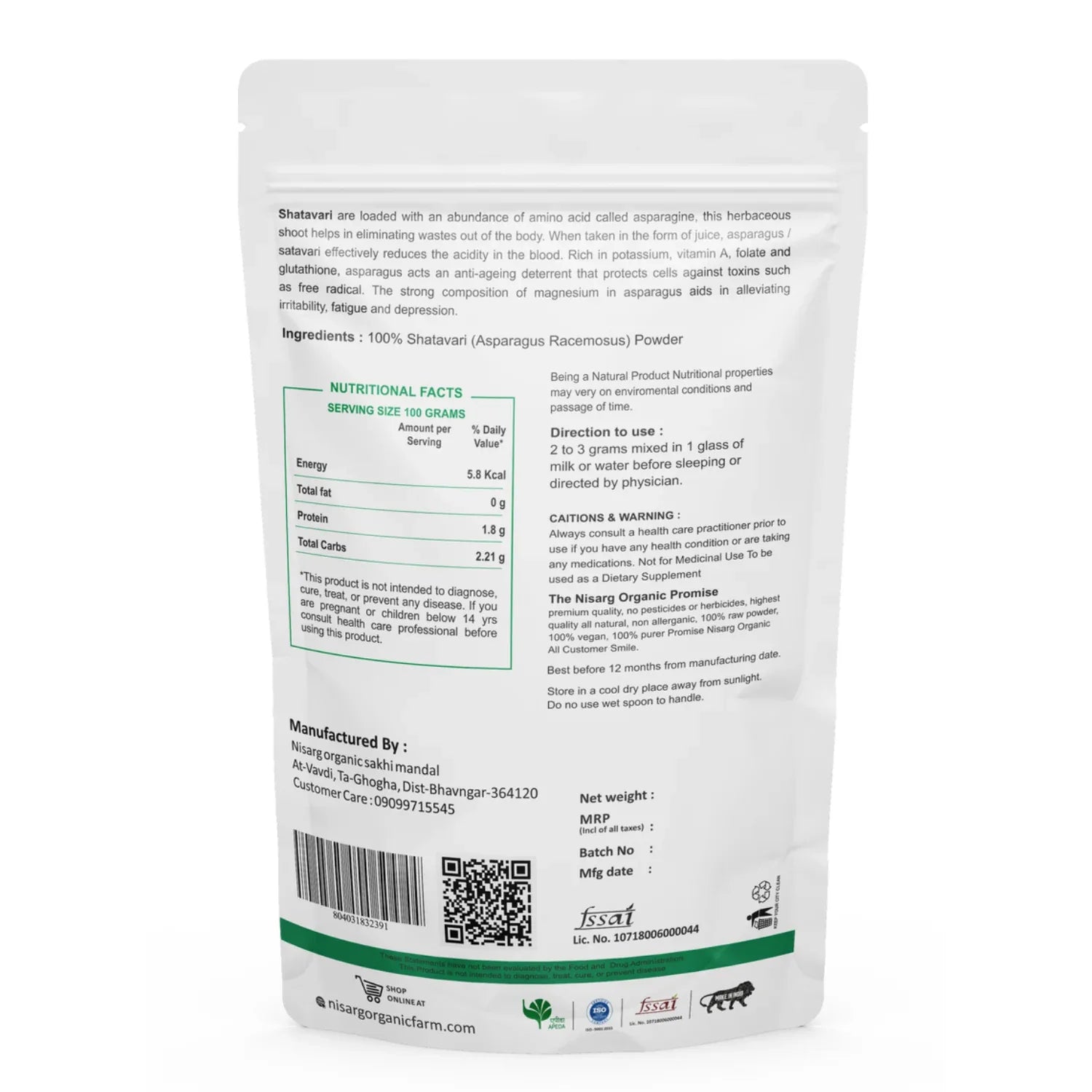 NIsarg Organic Shatavari Root Powder - Orgoshops
