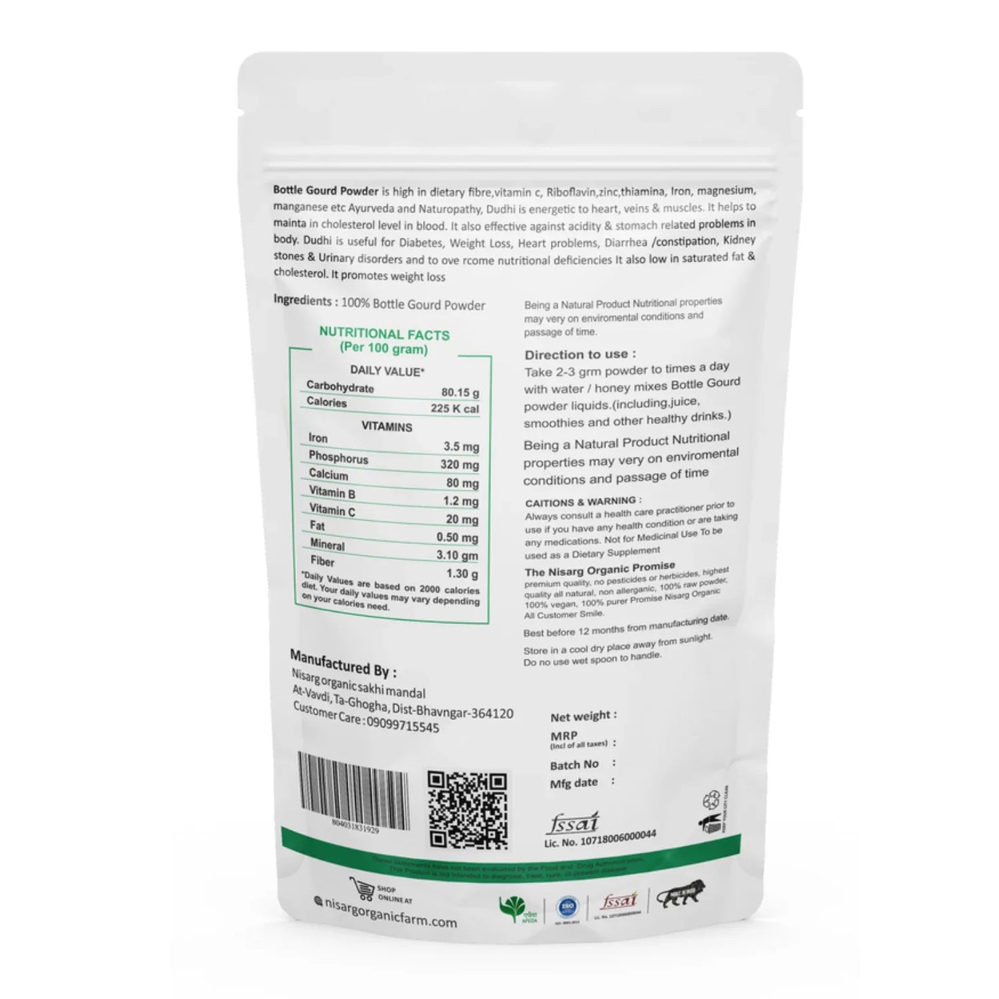 Nisarg Organic Farm Bottle Gourd Powder - Orgoshops