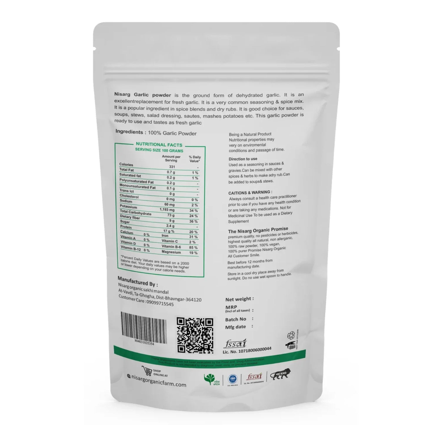 Nisarg Organic Farm Garlic Powder - Orgoshops