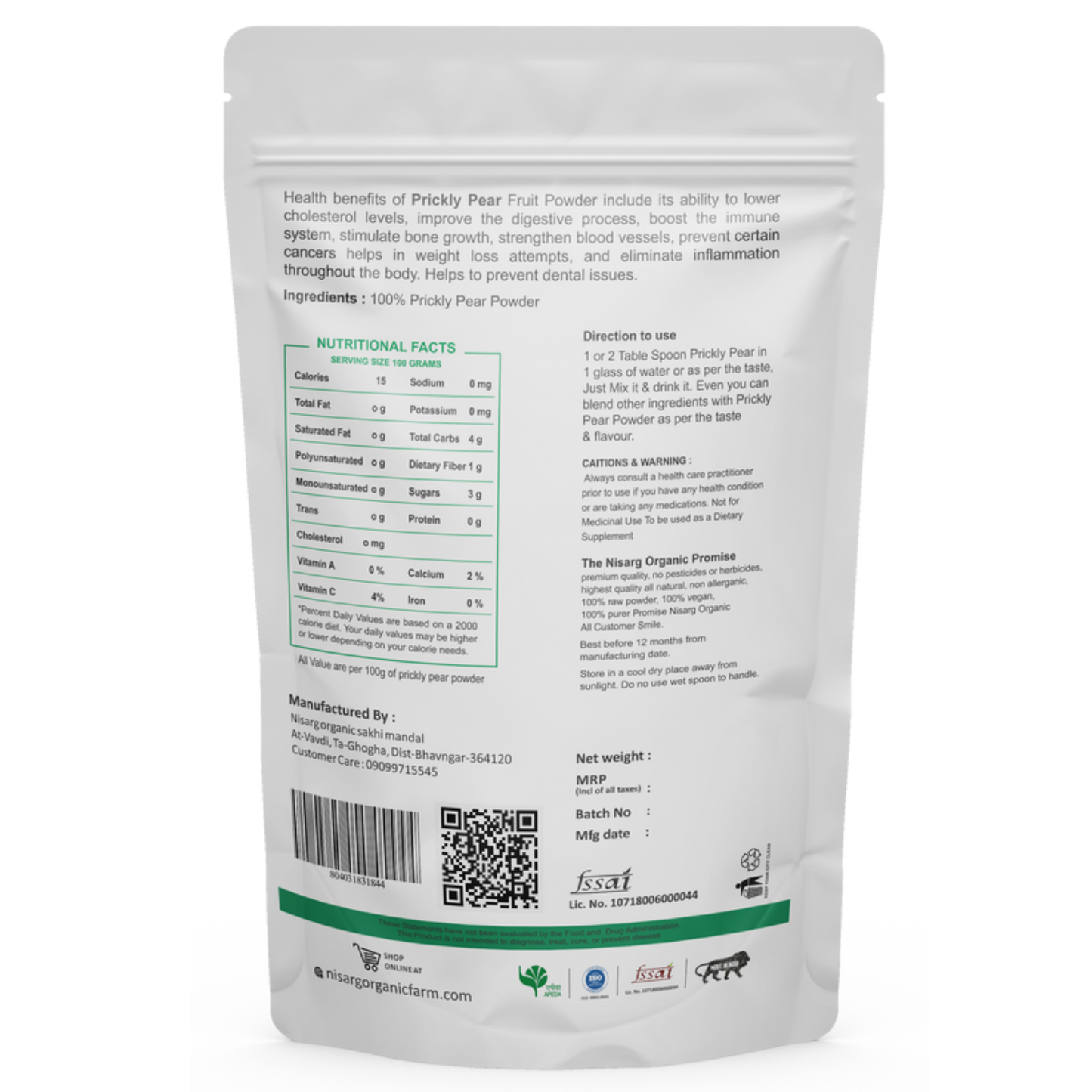 நிசார்க் ஆர்கானிக் ஃபார்ம் முட்கள் நிறைந்த பேரிக்காய் தூள்