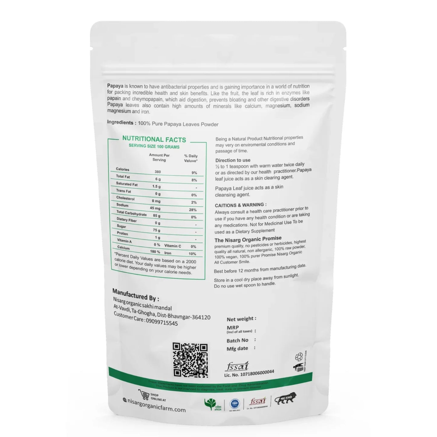 Nisag Organic Farm Papaya Leaf Powder - Orgoshops