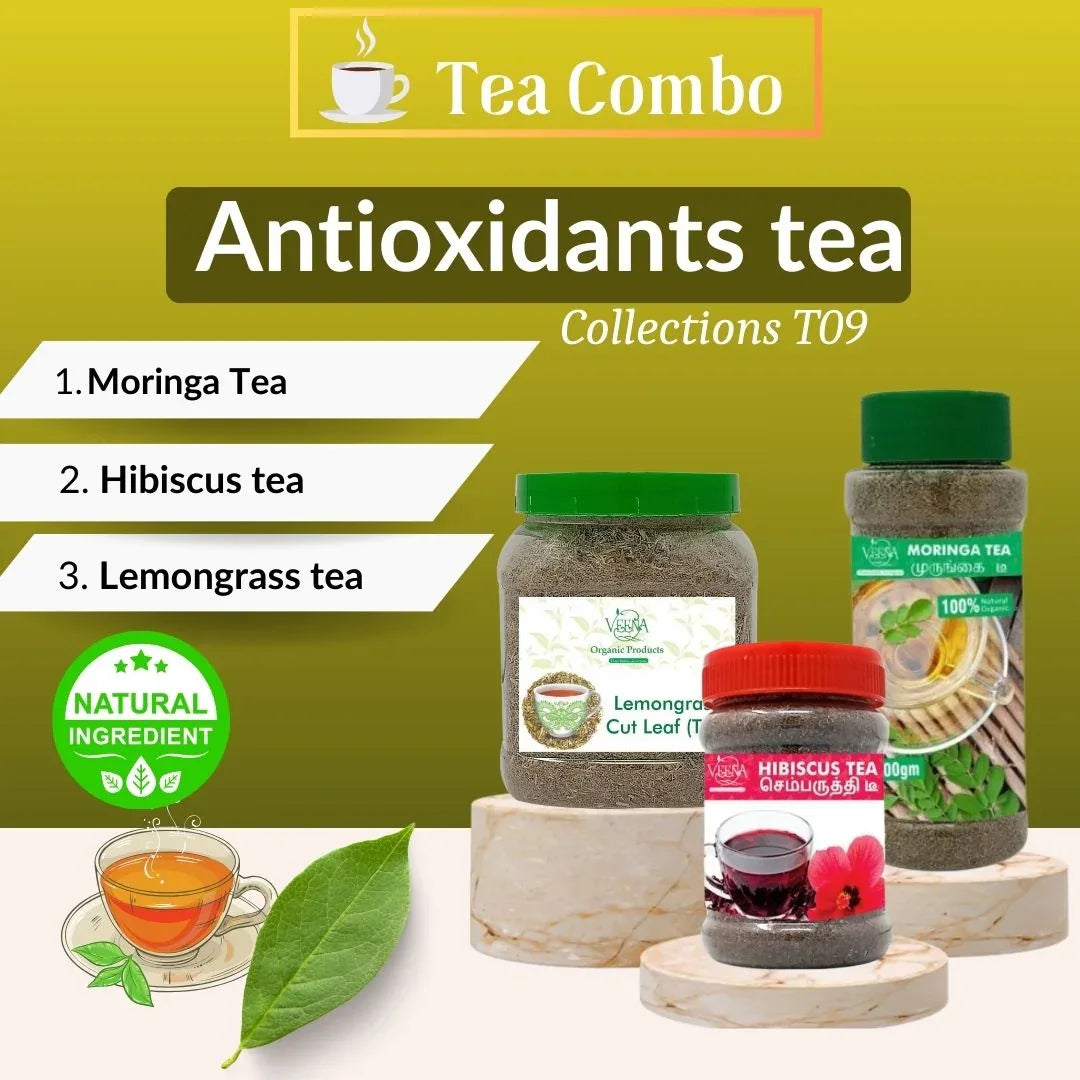 Antioxidants Tea Collections T9 | Combo of Moringa Tea – 100 g ,Hibiscus Tea – 80 g & Lemongrass Cut Leaf Tea – 75g | Veena Products - Orgoshops