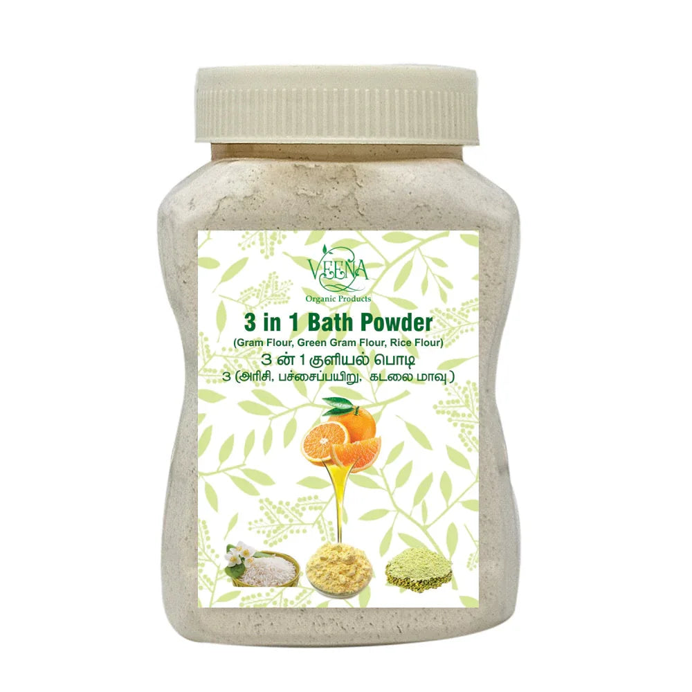 Veena 3 In 1 Bath Powder Channa Dhal, Green Mung Gram & Rice Floor - 250g ( Pack of 2 ) - Orgoshops