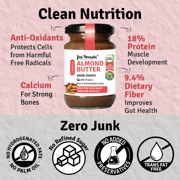 Jus Amazin Creamy Almond Butter – Dark Chocolate (125g) | 18% Protein