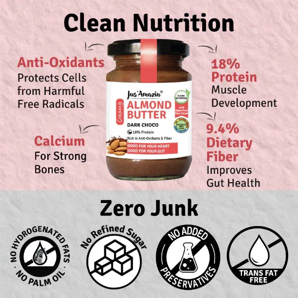 Jus Amazin Creamy Almond Butter – Dark Chocolate (125g) | 18% Protein - Orgoshops