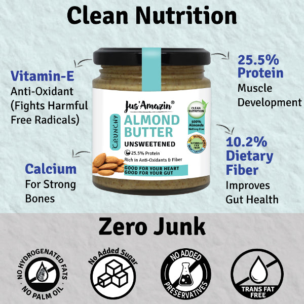 Jus Amazin CRUNCHY Almond Butter – Unsweetened (200g) | 25.5% Protein