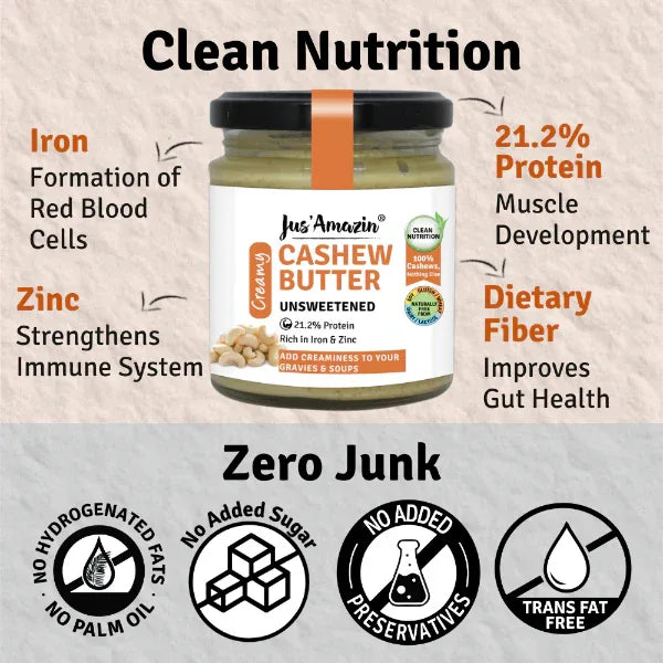 Jus Amazin Creamy Cashew Butter – Unsweetened (200g) | 100% Cashewnuts - Orgoshops