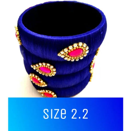 Silk Thread Rhinestone Bangles with Pink Kundans Bracelet Bangles Set of 4pcs (Blue, 2.2) - Orgoshops