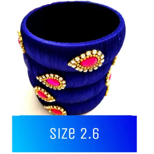 Silk Thread Rhinestone Bangles with Pink Kundans Bracelet Bangles Set of 4pcs (Blue, 2.6) - Orgoshops