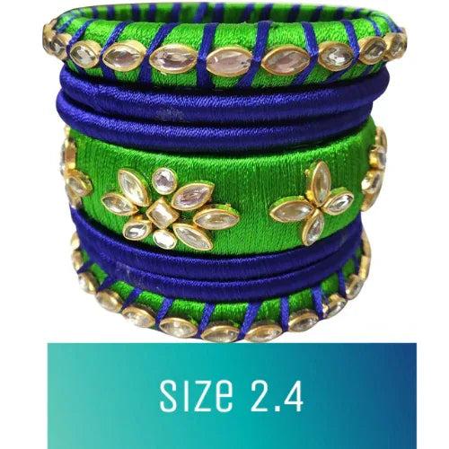 Silk Thread Elegant Handmade Kundan Bangles - 2.4 (Green, Blue) - Orgoshops