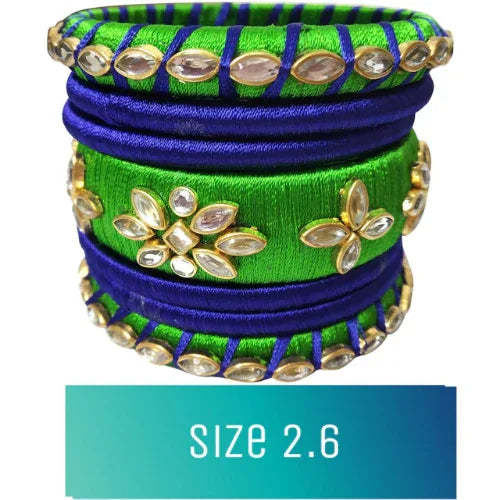 Silk Thread Elegant Handmade Kundan Bangles (2.6, Green & Blue) - Orgoshops