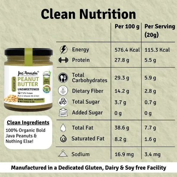 Jus Amazin Crunchy Organic Peanut Butter – Unsweetened (200g) | 28% Protein - Orgoshops