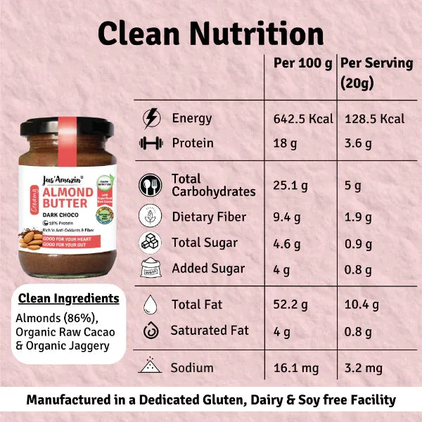 Jus Amazin Creamy Almond Butter – Dark Chocolate (125g) | 18% Protein - Orgoshops