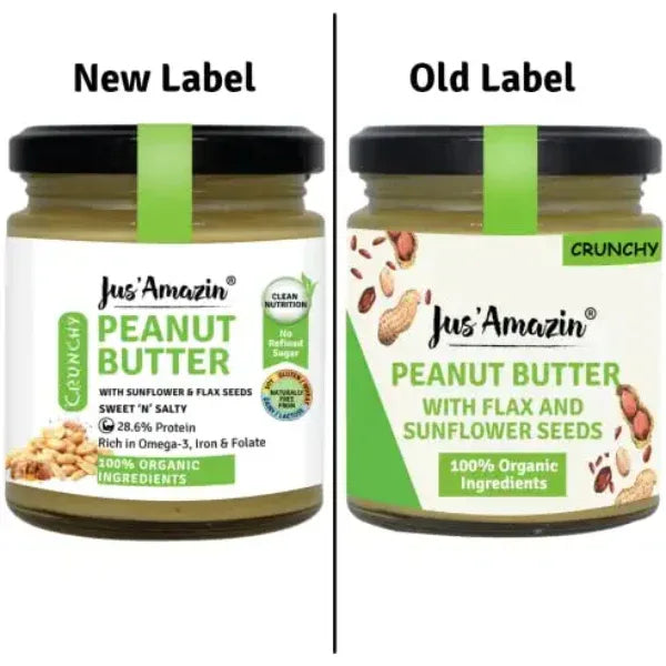 Jus Amazin Crunchy Organic Peanut Butter – With Flax and Sunflower Seeds (200g) - Orgoshops