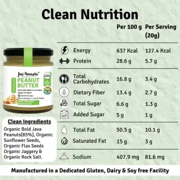 Jus Amazin Crunchy Organic Peanut Butter – With Flax and Sunflower Seeds (200g) - Orgoshops