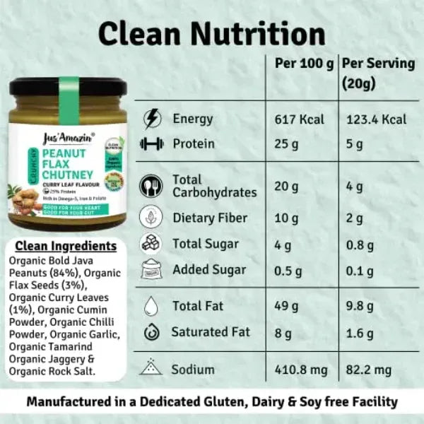 Jus Amazin Crunchy Organic Peanut Flax Chutney – Curry Leaf Flavour (200g) - Orgoshops
