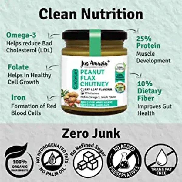Jus Amazin Crunchy Organic Peanut Flax Chutney – Curry Leaf Flavour (200g) - Orgoshops