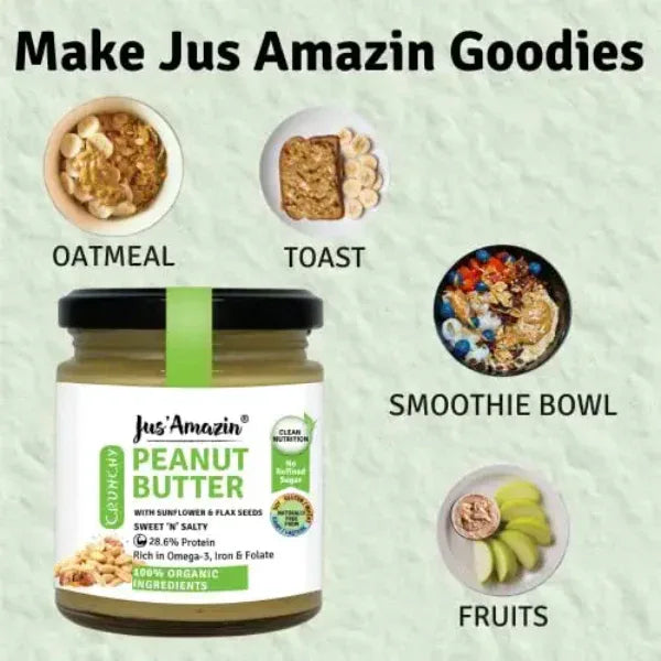 Jus Amazin Crunchy Organic Peanut Butter – With Flax and Sunflower Seeds (200g) - Orgoshops