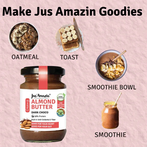 Jus Amazin Creamy Almond Butter – Dark Chocolate (125g) | 18% Protein - Orgoshops